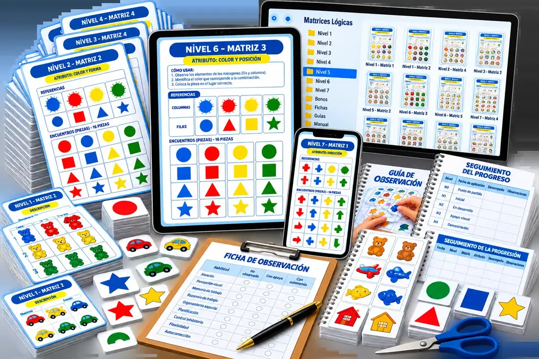 Composición digital del kit Matrices Lógicas en computadora, tablet y celular